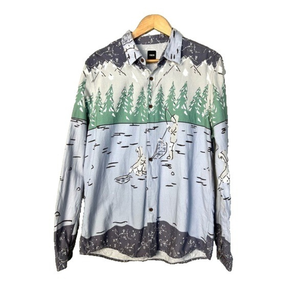 ASOS Soft Flannel Button‎ Down Mens Large Ice Fishing Whimsical Winter Colorful